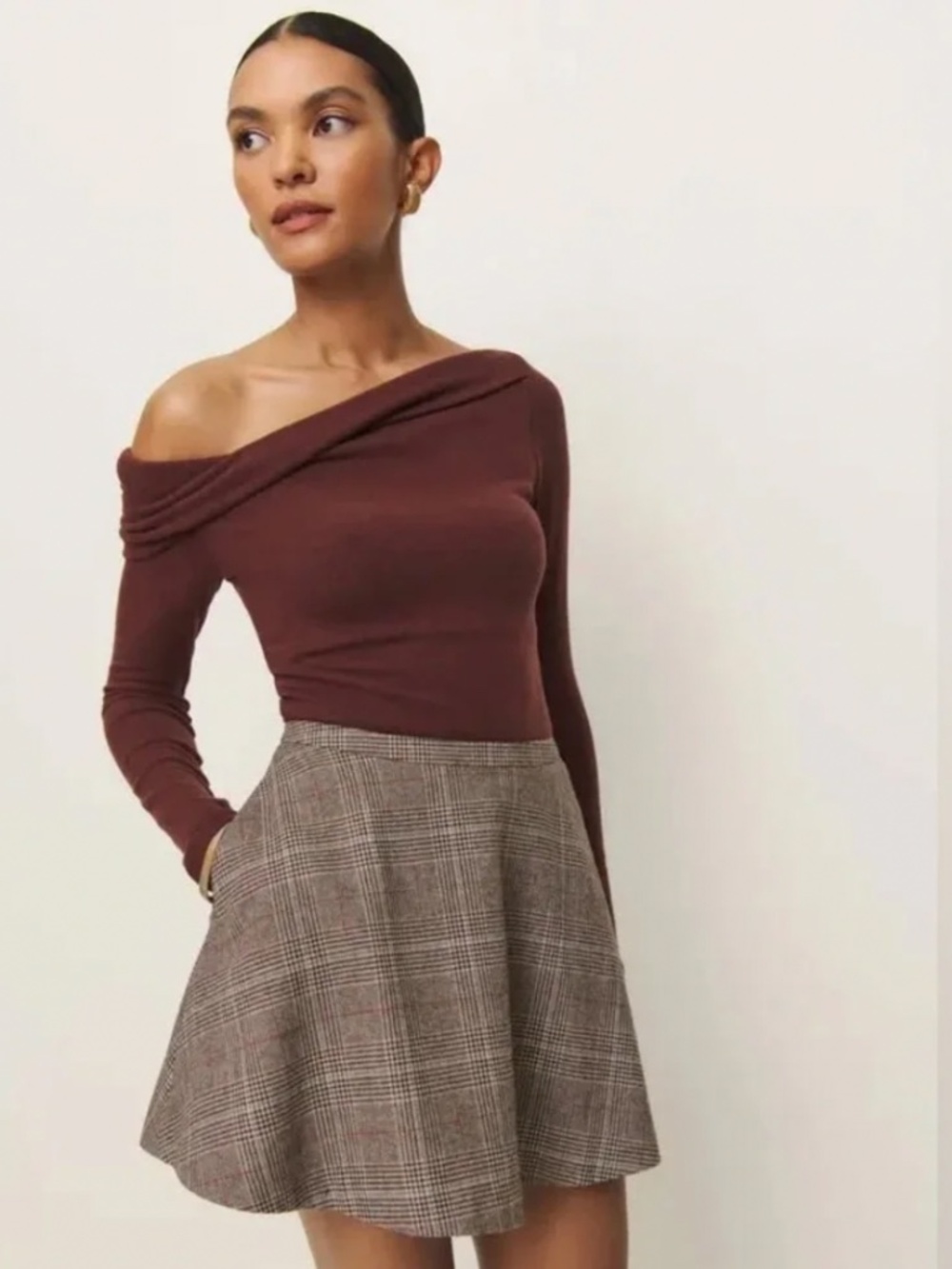 Reformation Hanna Plaid High Rise Flared Silhouette Mini Skirt